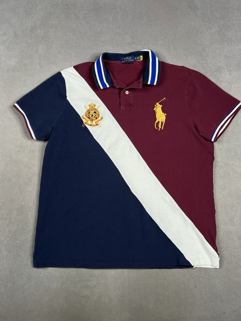 Polo Ralph Lauren Custom Slim Fit Colorblocked Polo Shirt Burgundy & Blue XL Big